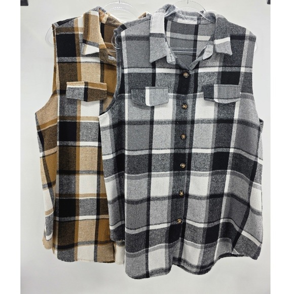 The Unbranded Brand Jackets & Blazers - Women Sz 3X Plaid Vests Black & Brown Plaid Button Up Flannel Bundle Layering